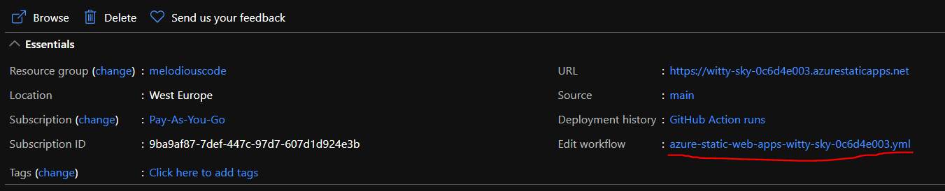 The overview screen in Azure