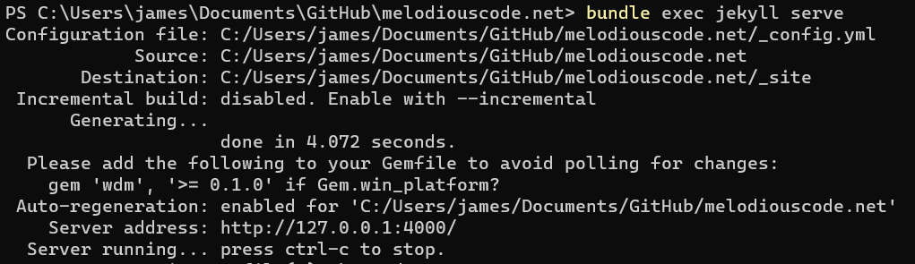 The console output from 'bundle exec jekyll serve